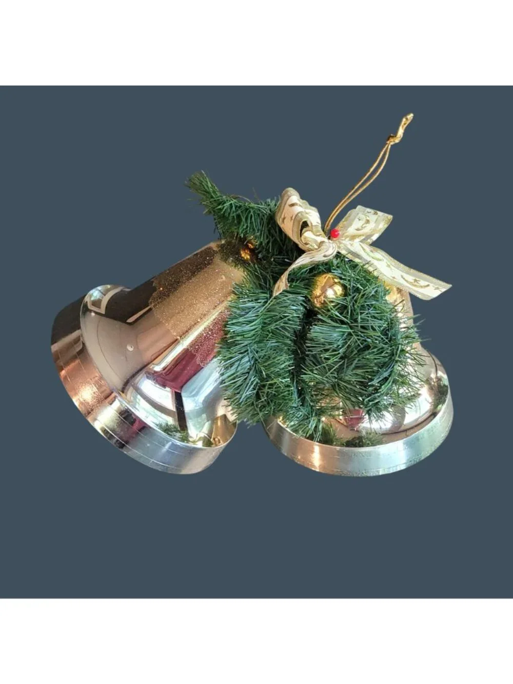 Large Double Gold Christmas Bell Ornament Hanging Plastic Greenery Gold Ribbon